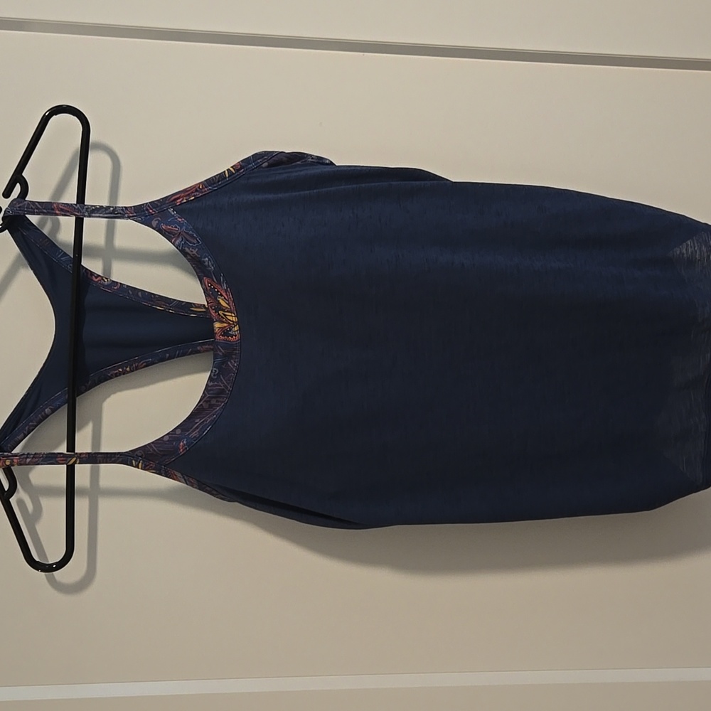 Prana Navy Blue Racerback Tank Top with Patterned Attached Bra